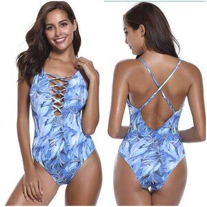 MarinaVida One Piece Swimsuit size M lace up front blue white floral